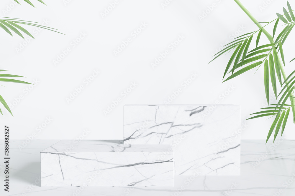 White marble product display podium with nature leaves. 3D render Stock ...