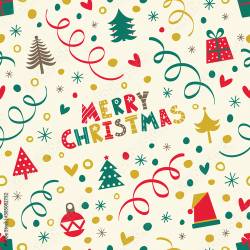 Merry Christmas. Seamless festive pattern with gifts  trees and toys.