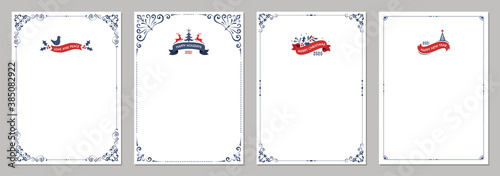 Ornate Merry Christmas greeting cards. Universal trendy business and corporate Winter Holidays art templates. 