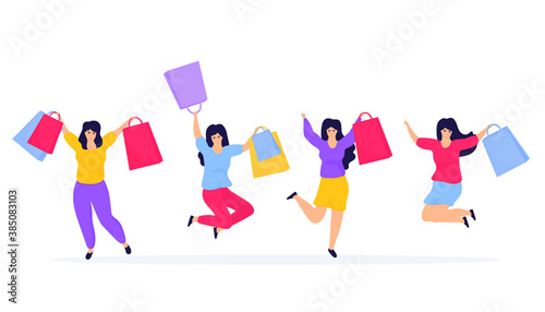 Black Friday Sale. Shopping girls jumping and rejoicing