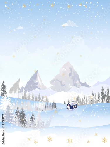 Winter landscape,Vector Winter wonderland with farmhouse, misty covered pine tree and wavy mountains, foggy valleys.Misty landscape nature with snow falling in cold winter,Greeting card for Christmas