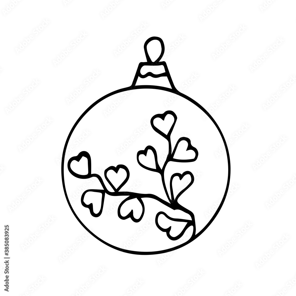 Hand drawn christmas ball isolated.Vector sketch black and white background. Christmas toy in the style of Doodle.