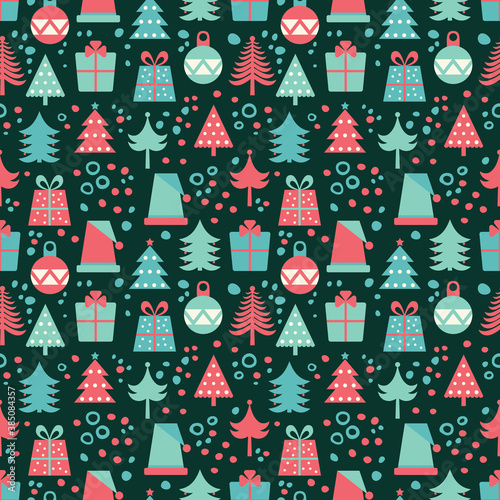 Christmas simple pattern with trees, toys and gifts.