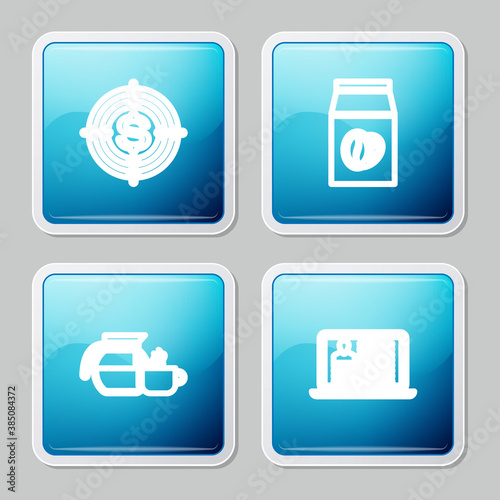 Set line Target with dollar, Coffee beans in bag, pot cup and Laptop resume icon. Vector.