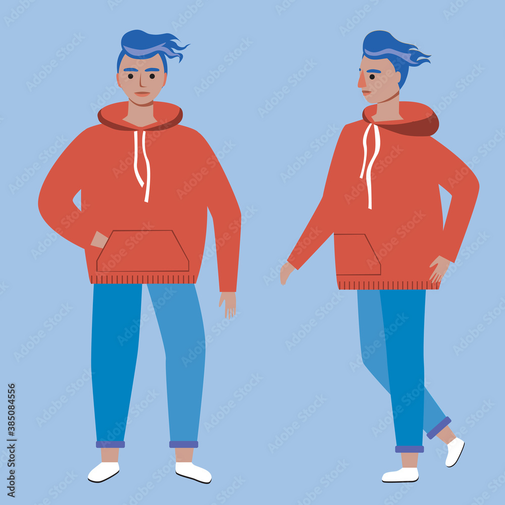 Modern young man or teenager in sweatshirt, isolated stylish sporty guy, character, boy with different views as a set Modern young man or teenager in sweatshirt, isolated stylish sporty guy, character, boy with different views as a set