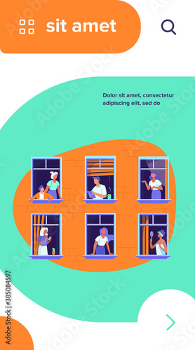 Apartment building with people in open window spaces. Neighbors drinking coffee, talking, using cell. Vector illustration for block of flat, condo, neighborhood, community, house friendship concept