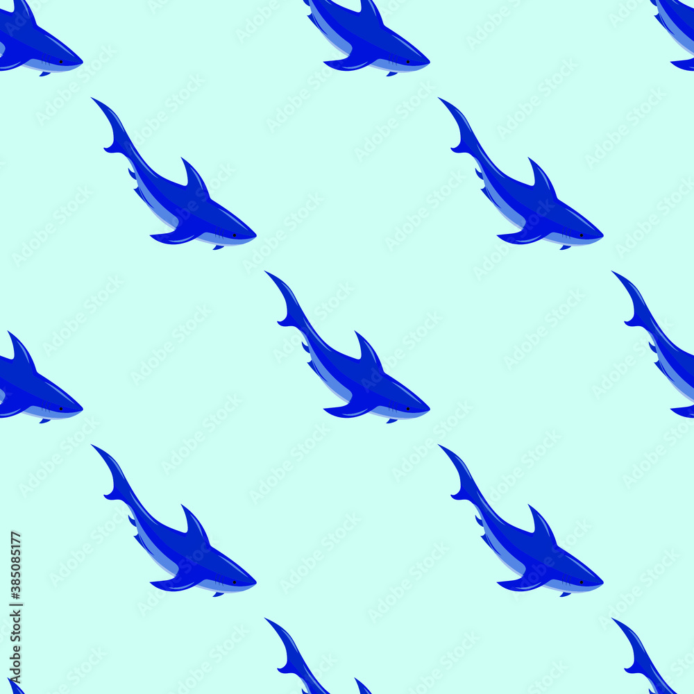Obraz premium Seamless pattern, animal shark on a blue background, vector illustration