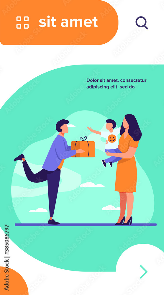 Young father giving present to wife with child. Gift, box, boy flat vector illustration. Family and birthday concept for banner, website design or landing web page