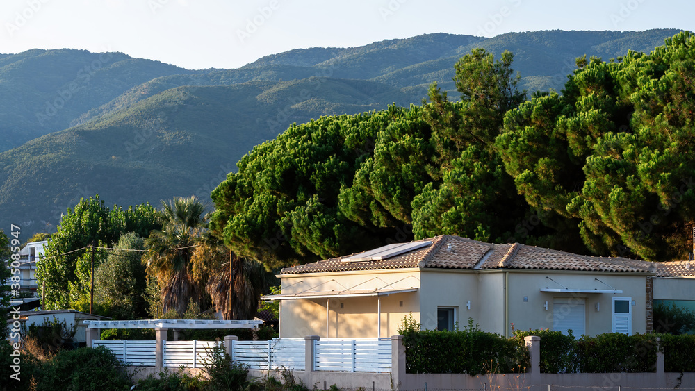 Fototapeta premium Green nature with mountains on background in Asprovalta