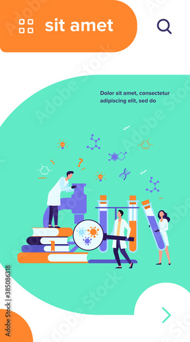 Group of scientists with microscope, chemical tubes and books doing epidemiology research. Chemists studying corona virus tests in medical lab. Can be used for coronavirus pandemic, covid 2019 topics