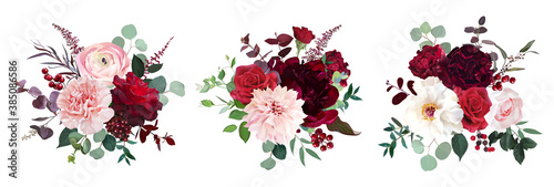 Classic luxurious red roses, pink carnation, ranunculus, dahlia, white peony