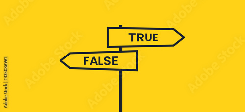 Black signpost on the road at the crossroads. Truth or false. Vector banner with yellow background