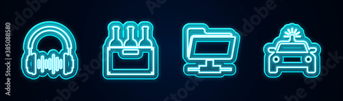 Set line Headphone and sound waves, Bottles of wine in box, FTP folder and Police car flasher. Glowing neon icon. Vector.