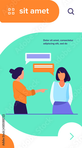Woman pointing to girl and talking with her. Hand, forefinger, speech bubble flat vector illustration. Communication and conversation concept for banner, website design or landing web page