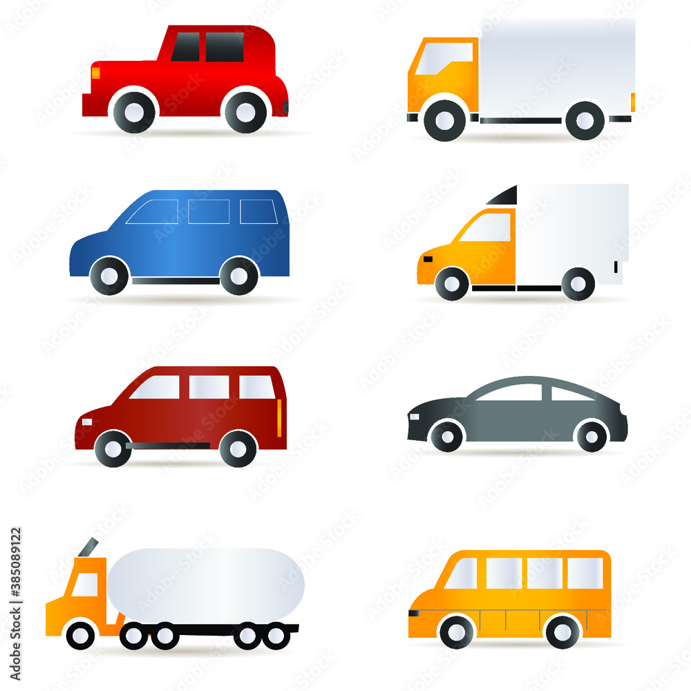 Car icons collection. Vector illustration in flat style on white background.