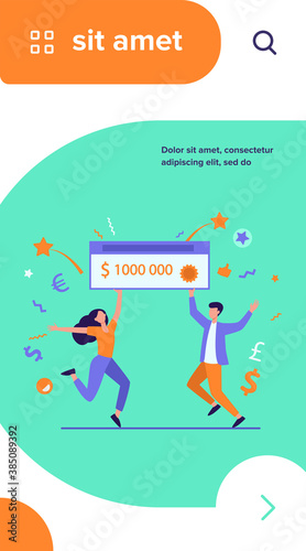 Happy guy and girl winning money prize. Jackpot winners holding bank check for one million dollars. Can be used for fortune, luck, lottery topics