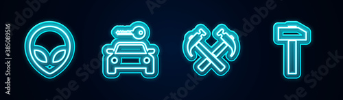 Set line Alien, Car rental, Two crossed hammers and Hammer. Glowing neon icon. Vector.
