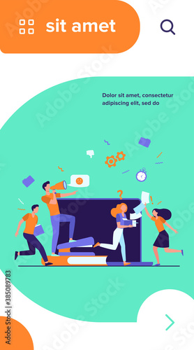 Angry boss with megaphone shouting at employees for missing deadline. Office workers running in chaos, panic and hurry. Vector illustration for overwork, project failure, stress at workplace topics