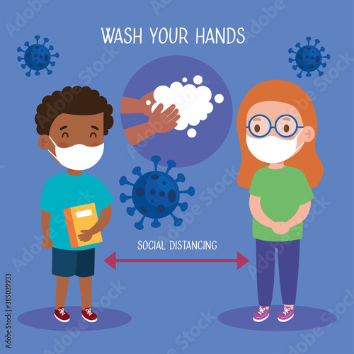 New normal school social distance between girl and boy kid with mask design of covid 19 virus and prevention theme Vector illustration