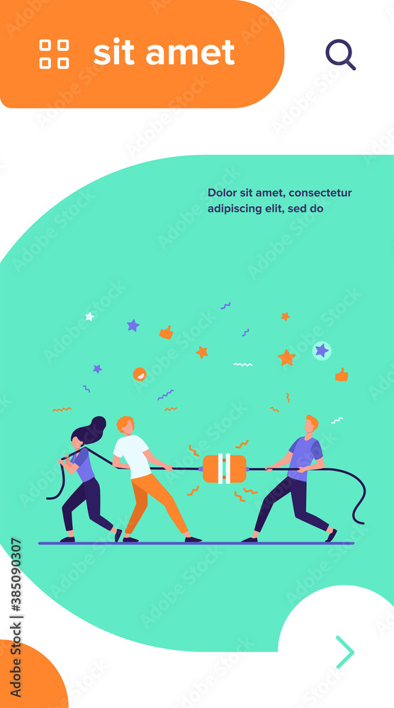 Groups of people pulling rope in tug of war play. Struggling team competing with each other. Vector illustration for game, contest, competition, confrontation concept