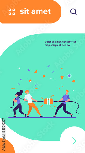 Groups of people pulling rope in tug of war play. Struggling team competing with each other. Vector illustration for game, contest, competition, confrontation concept