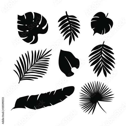 Tropical palm leaves silhouette icon set. Hand drawn black and white sketch, doodle ink drawing, stock vector illustration isolated on white background.