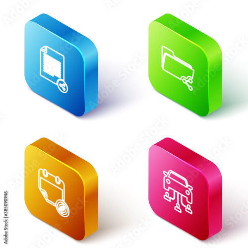 Set Isometric line Share file, folder, Financial calendar and Car sharing icon. Vector.