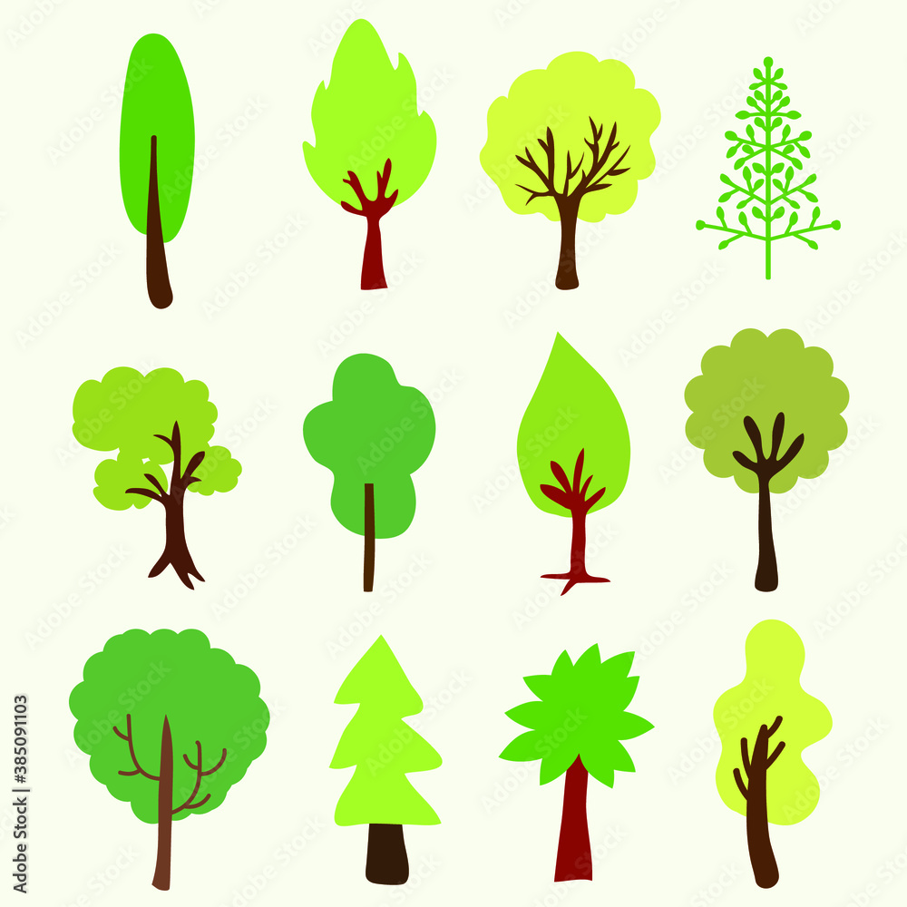 Fototapeta premium Collection of green summer trees. simple trees on white background. Natural Vector illustration.
