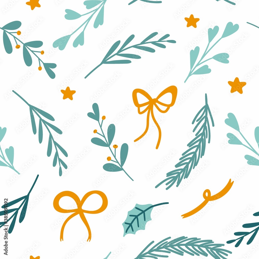 Christmas botanical seamless pattern. Holiday hand drawn leaves and yellow berries, fir tree branches, winter traditional xmas background, decor textile fabric wrapping paper wallpaper vector texture Christmas botanical seamless pattern. Holiday hand drawn leaves and yellow berries, fir tree branches, winter traditional xmas background, decor textile fabric wrapping paper wallpaper vector texture
