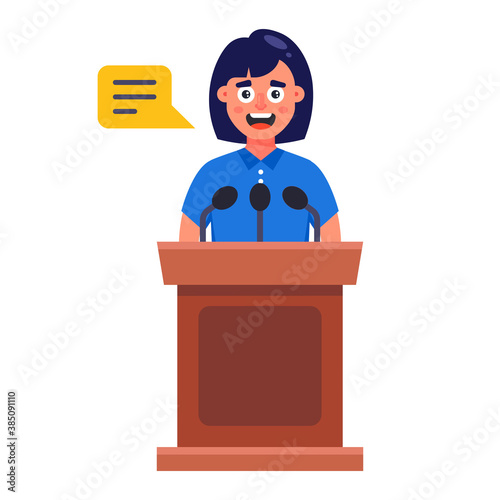 the girl speaks behind the podium. performance of a woman in front of an audience. flat vector character illustration.