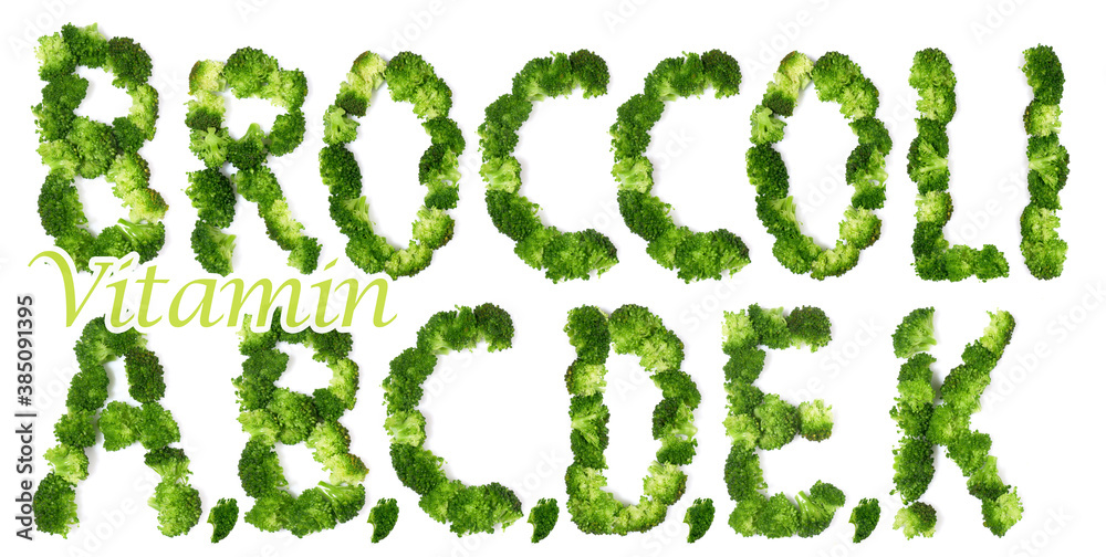 Broccoli Letters and Vitamins isolated on white Background Broccoli Letters and Vitamins isolated on white Background