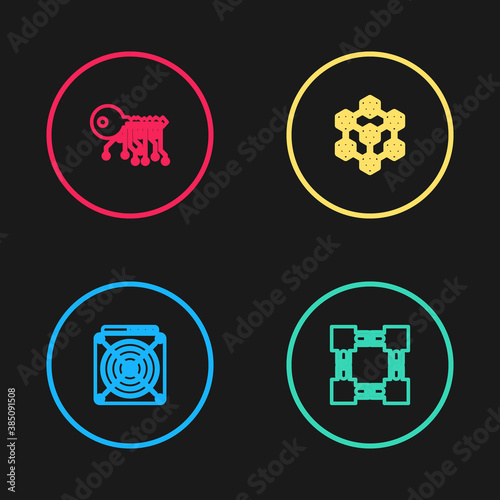 Set line ASIC Miner, Blockchain technology, and Cryptocurrency key icon. Vector.
