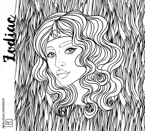 Illustration of Leo astrological sign as a beautiful girl. Zodiac vector draw...