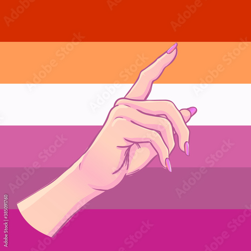 Lesbian community poster design. Striped fist rased up. Gay Pride. LGBTQ concept. Isolated vector colorful illustration. Sticker, patch, t-shirt print, greeting card, banner.
