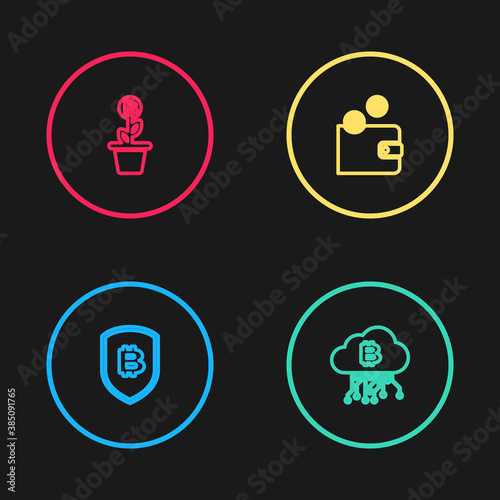 Set line Shield with bitcoin, Cryptocurrency cloud mining, wallet and Bitcoin plant the pot icon. Vector.