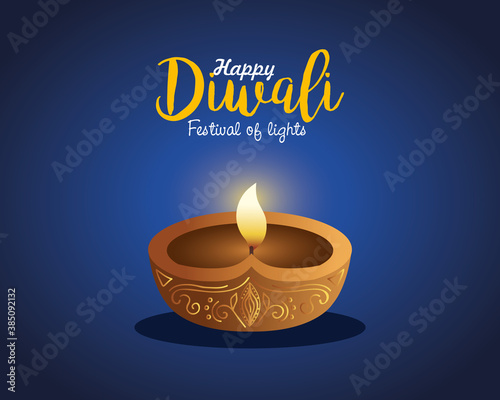 Happy diwali diya candle on blue background design, Festival of lights theme Vector illustration