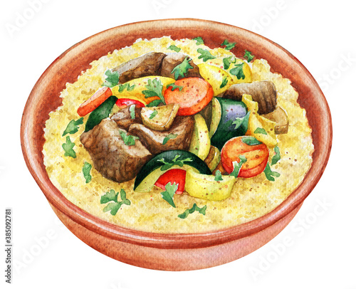 Watercolor illustration of traditional Maghrebi dish couscous