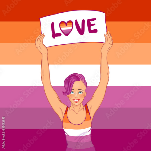 Love parade. Young female character holding banner. Lesbian community flag. Modern girl. LGBT community concept. Gay woman. Vector illustration. Design for banner, t-shirts, pins, stickers