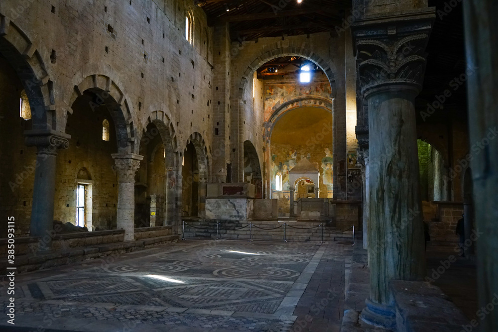 San Pietro Gothic church inside view with filtering light, Tuscania, Viterbo, Lazio, Italy