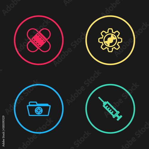 Set line Health record folder, Syringe, Genetic engineering and Crossed bandage plaster icon. Vector.
