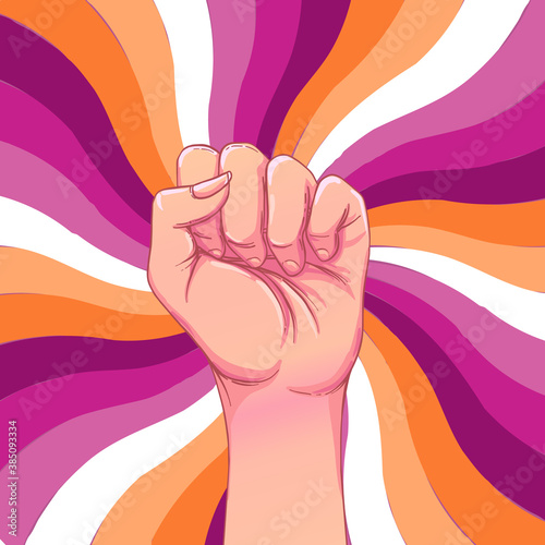 Lesbian community poster design. Striped fist rased up. Gay Pride. LGBTQ concept. Isolated vector colorful illustration. Sticker, patch, t-shirt print, greeting card, banner.