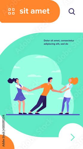 Women competing for boyfriend. Girls pulling on guy arms flat vector illustration. Competition, love, envy concept for banner, website design or landing web page