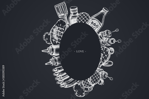 Frames with chalk spatula, Pork ribs, kebab, sausages, steak, sauce bottles, grilled burger patties, grilled tomato, grilled salmon steak, grilled bell pepper