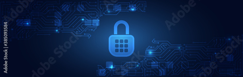 Internet security technology concept for business. Confidential data protection. Cybersecurity or information privacy idea. Padlock on the blue circuit board background.