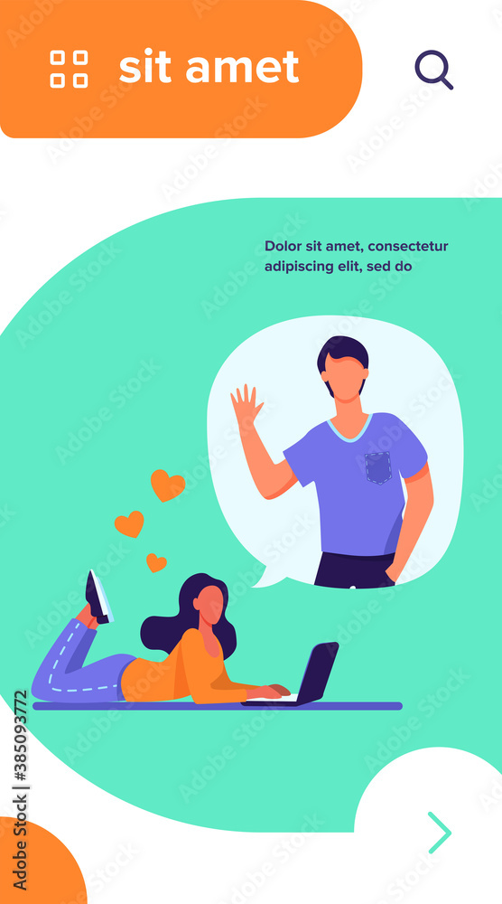 Romantic woman chatting with boyfriend via laptop. Computer, boyfriend, couple flat vector illustration. Communication and love concept for banner, website design or landing web page