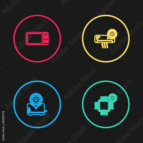 Set line Toaster setting, Processor, Air conditioner and Microwave oven icon. Vector.