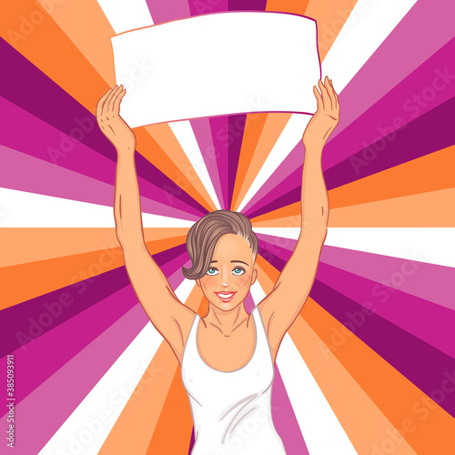 Love parade. Young female character holding banner. Lesbian community flag. Modern girl. LGBT community concept. Gay woman. Vector illustration. Design for banner, t-shirts, pins, stickers