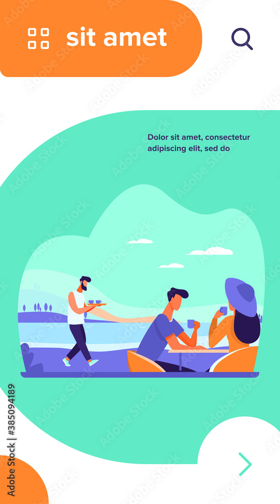 Young couple drinking coffee near lake. Date, sea, cafe, relaxing flat vector illustration. Weekend and nature concept for banner, website design or landing web page Young couple drinking coffee near lake. Date, sea, cafe, relaxing flat vector illustration. Weekend and nature concept for banner, website design or landing web page