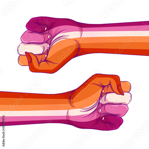 Lesbian community poster design. Striped fist rased up. Gay Pride. LGBTQ concept. Isolated vector colorful illustration. Sticker, patch, t-shirt print, greeting card, banner.