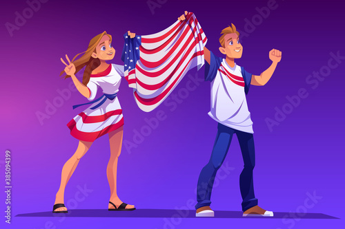 People holding USA flag at demonstration, political rally or national celebration. Vector cartoon illustration of man and woman with flag of United States of America. American patriotic activists